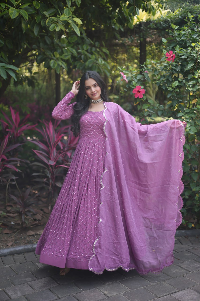 Faux Georgette with Parallel Chex Designed Gown with Dupatta