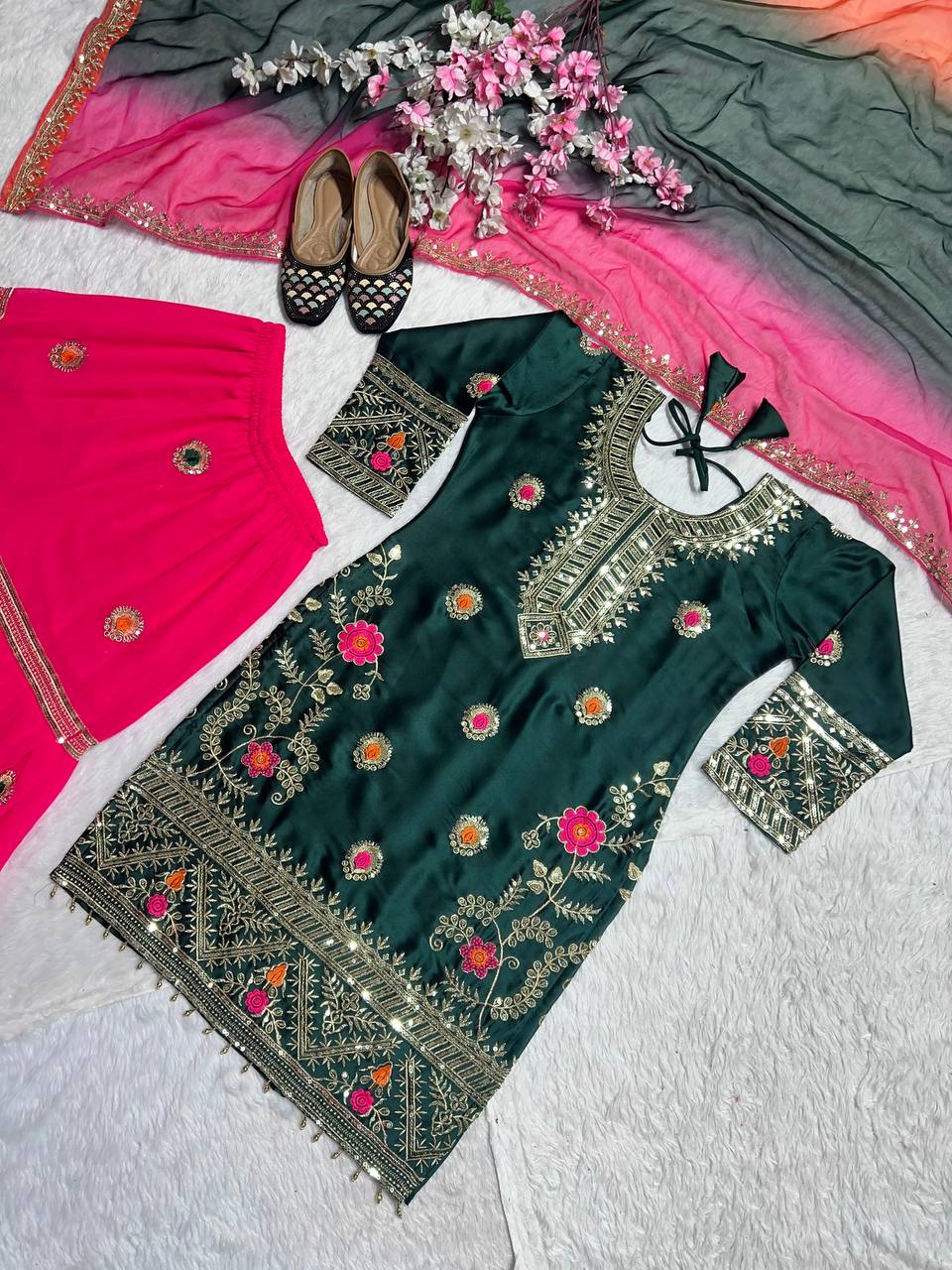 Malay Silk with Heavy 5mm Embroidery Sequence Work Kurta Sharara with Dupatta