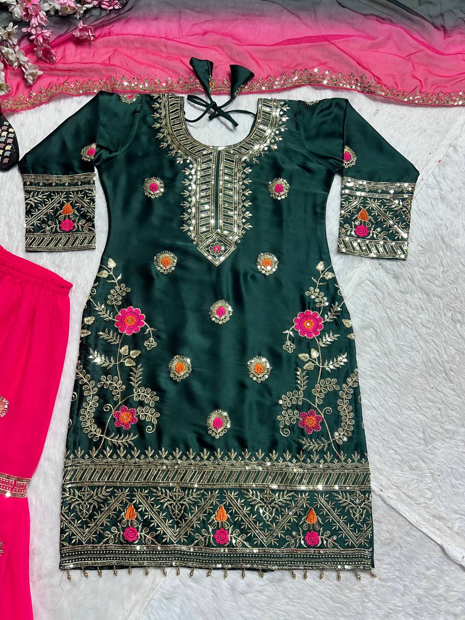 Malay Silk with Heavy 5mm Embroidery Sequence Work Kurta Sharara with Dupatta