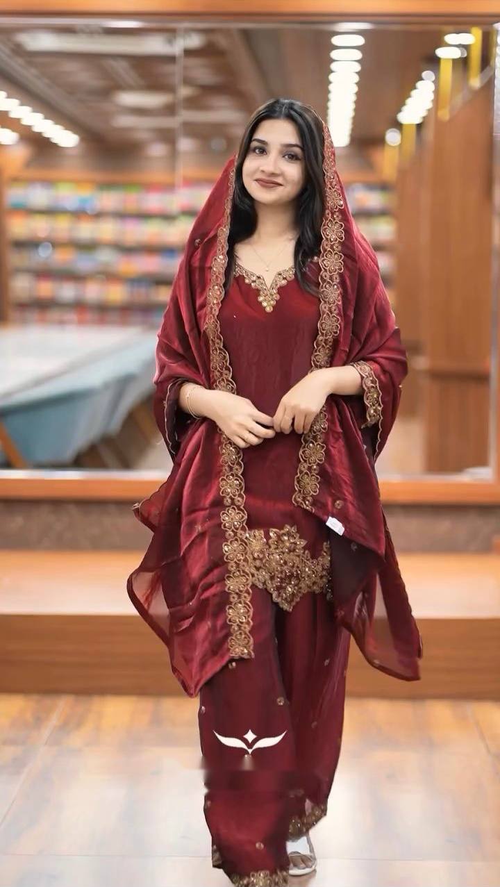 Latest designer silk hand embroidered short kurta palazzo with dupatta sets
