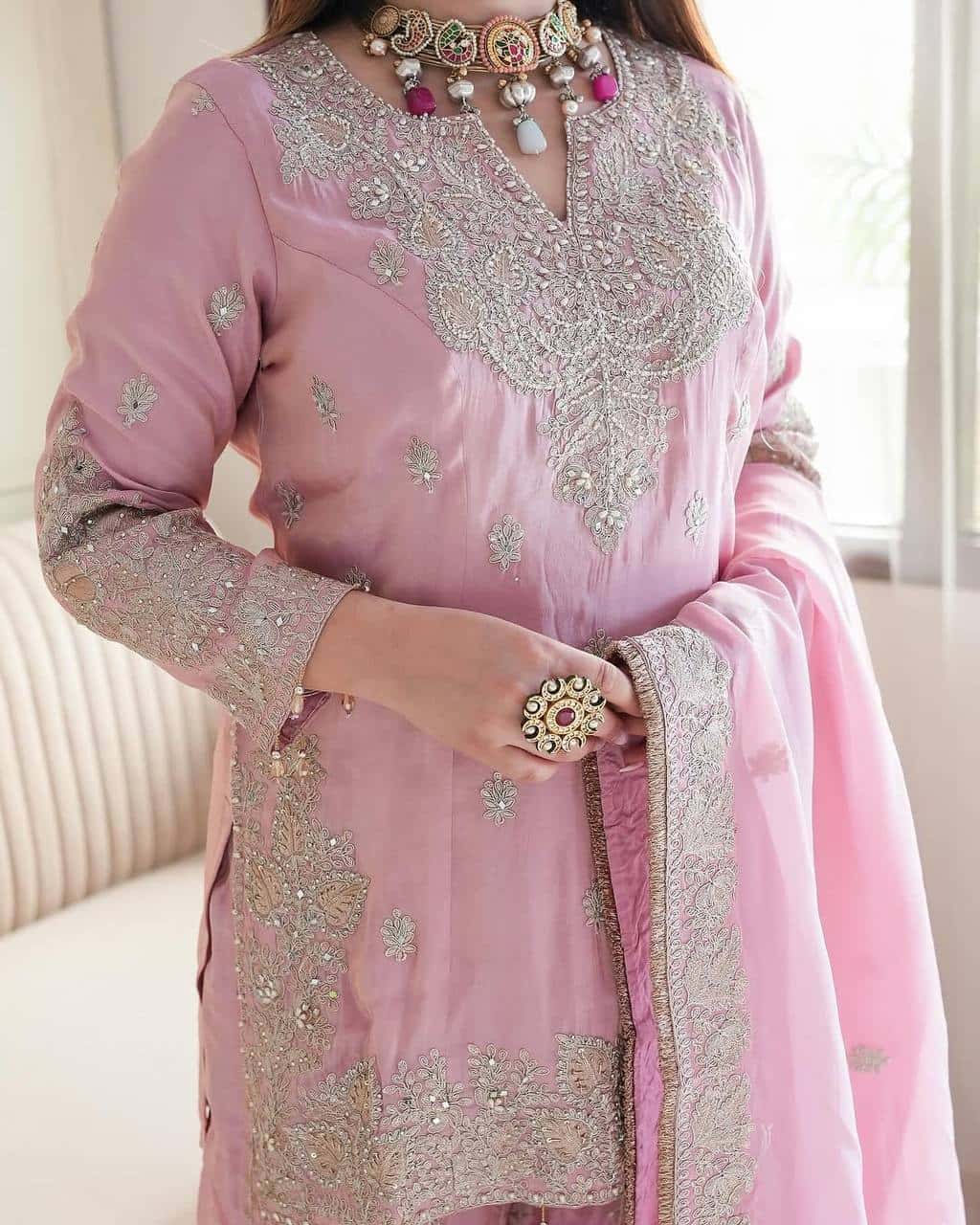 Chinnon silk kurta sharara with dupatta sets