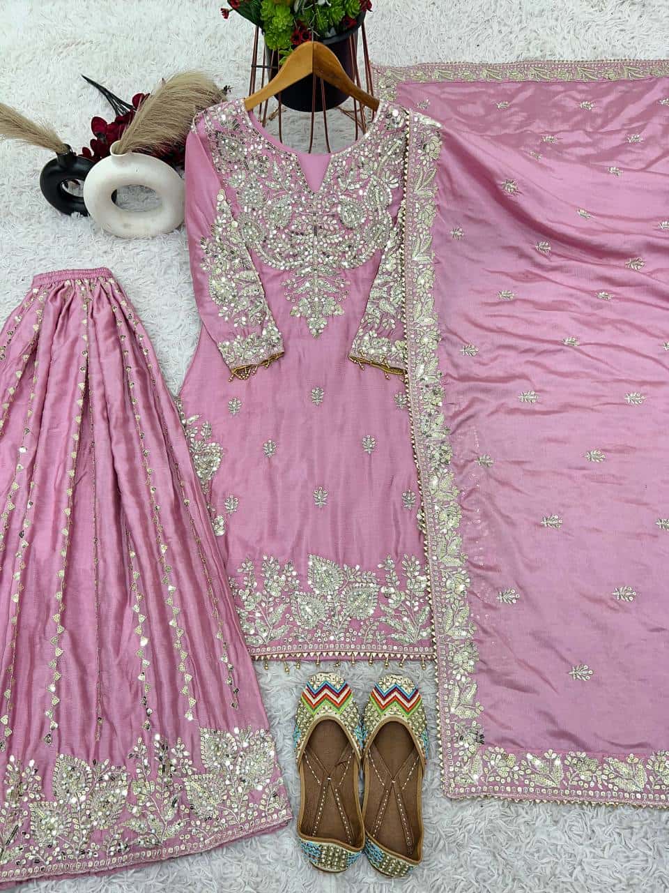 Chinnon silk kurta sharara with dupatta sets