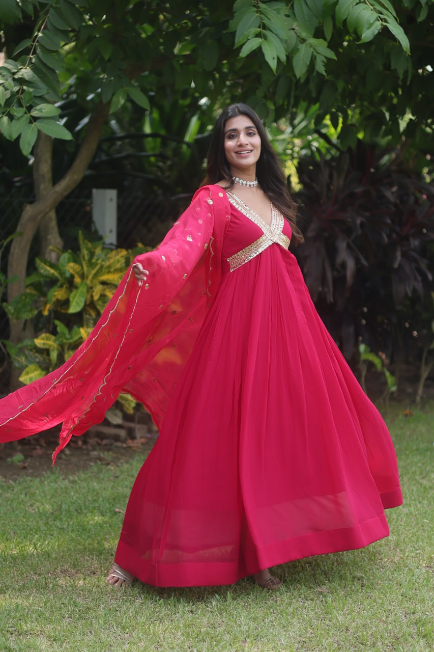 Faux Blooming with Embroidered Zari Sequins Work Gown with Dupatta