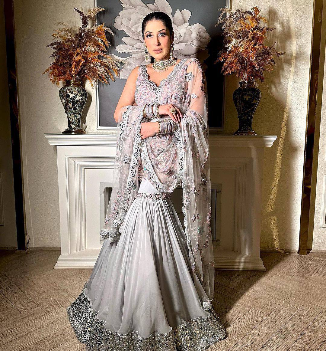 Grey Faux Georgette Kurta Sharara with Dupatta