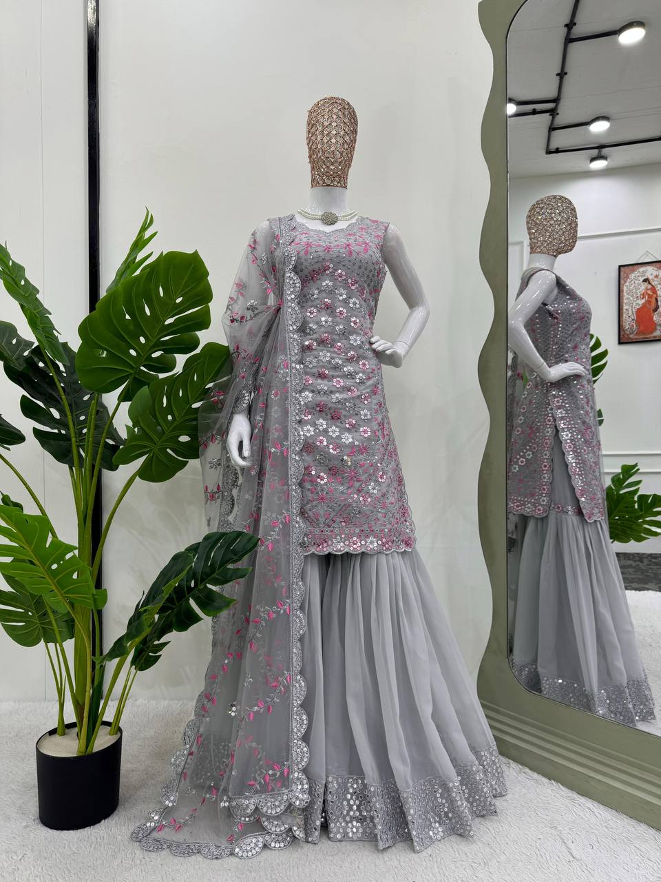 Grey Faux Georgette Kurta Sharara with Dupatta