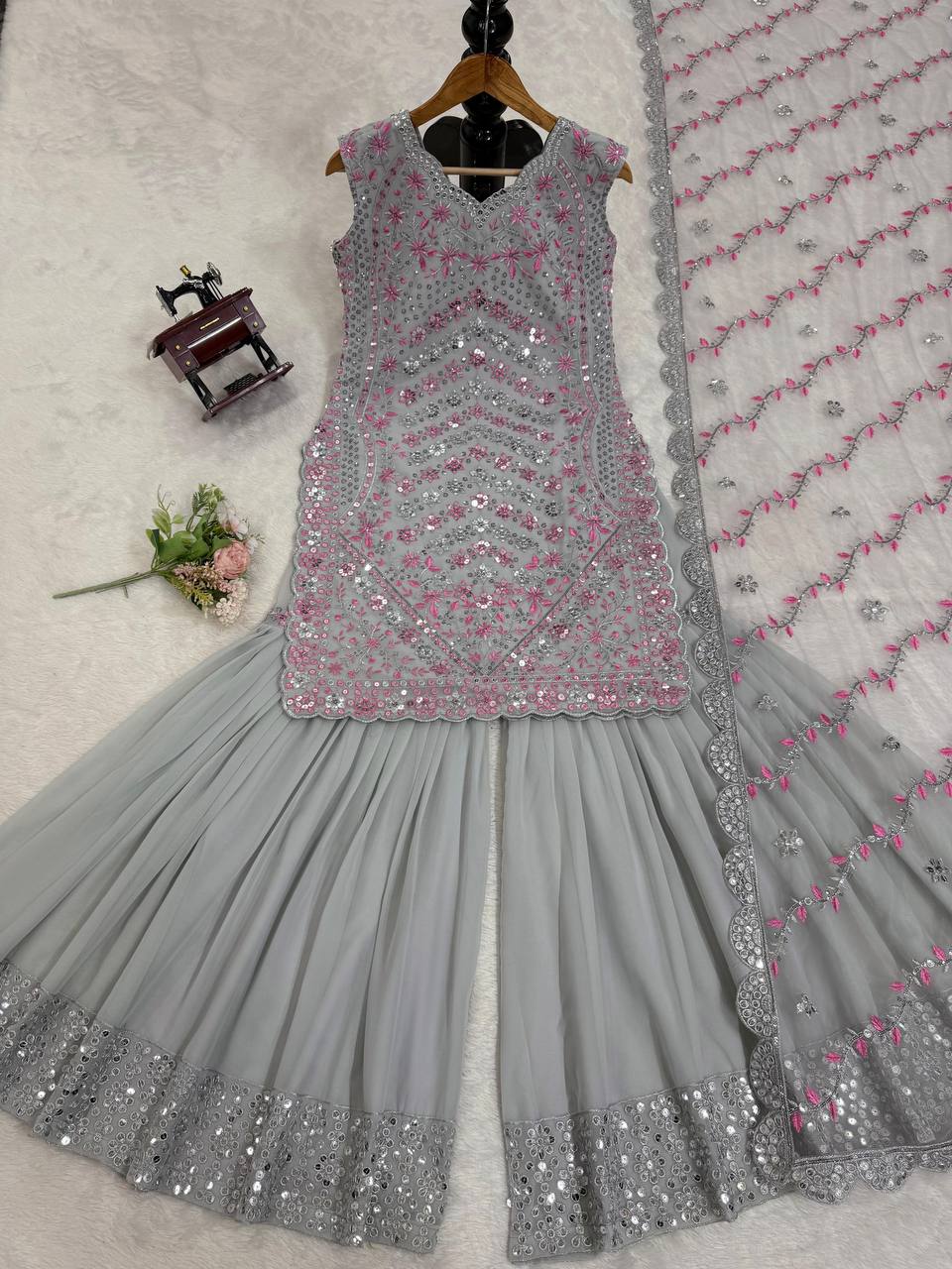 Grey Faux Georgette Kurta Sharara with Dupatta