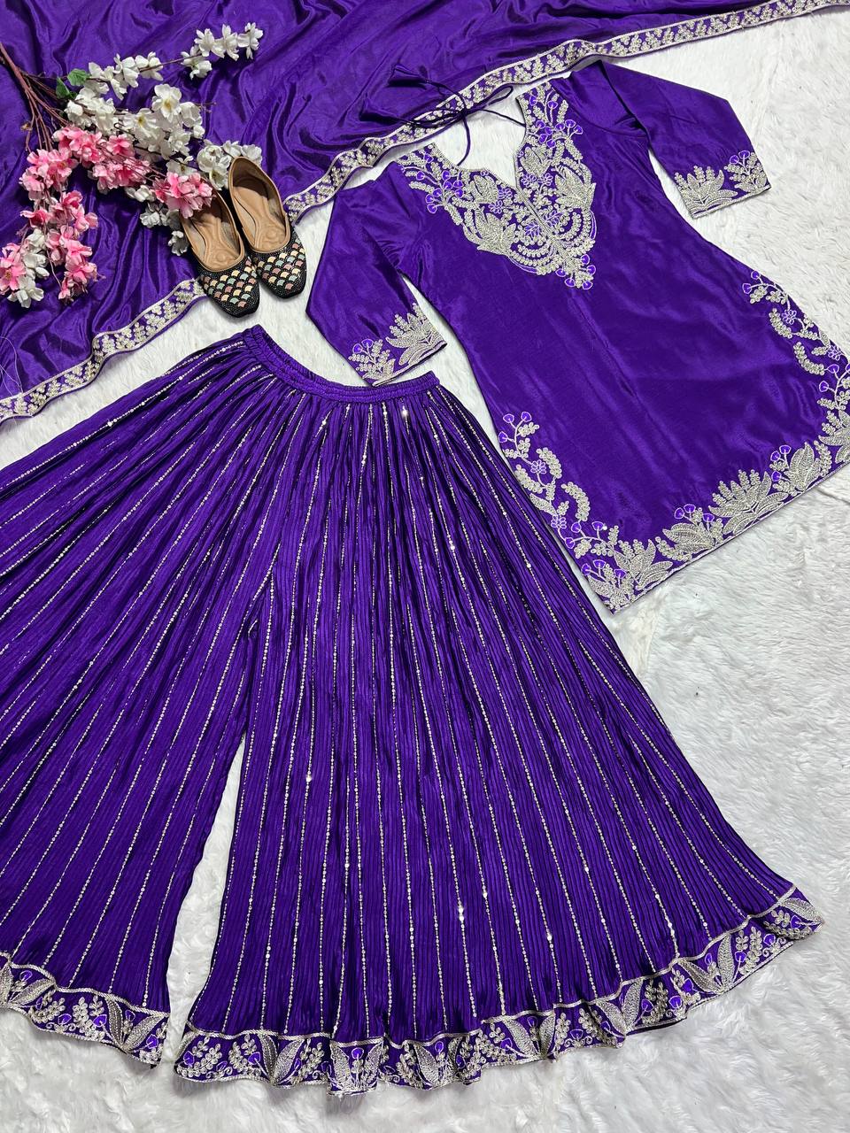 Pure Heavy Chinnon Silk with Heavy Embroidery Coding Sequence Work Suit